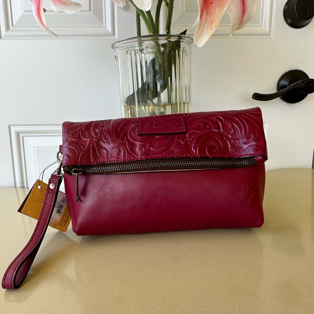 Patricia Nash Valerie Tooled Leather Fold-Over Wristlet- Magenta